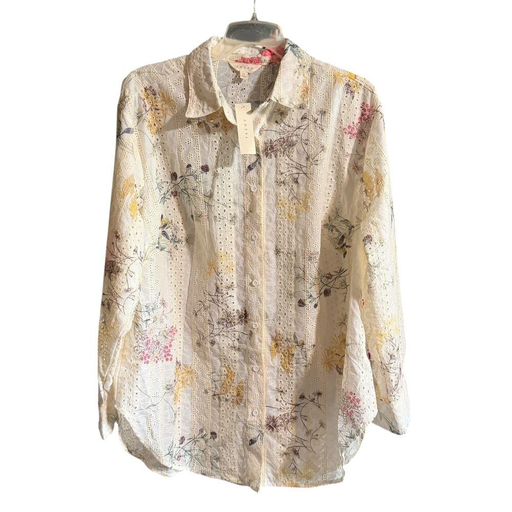 Adiya Floral Eyelet Embroidered Button Front Blouse Size XL NWT